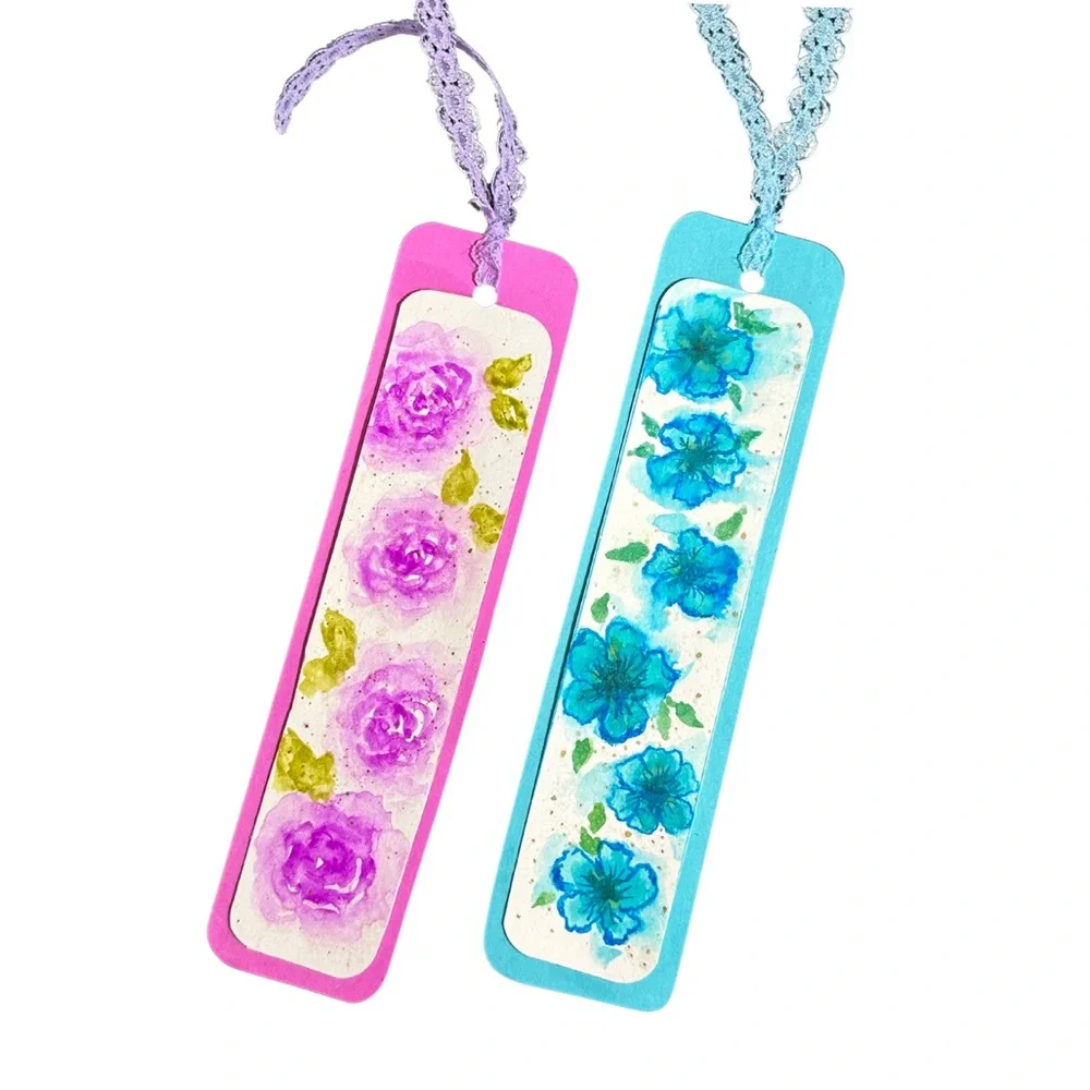 HANDMADE HAND PAINTED BOOKMARKS Floral Design Watercolor Pink and Blue Bookmarks